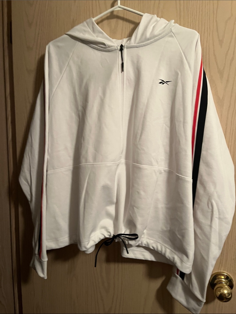 Reebok White Hooded Swim Rash Guard with Red & Black Sleeve Stripes